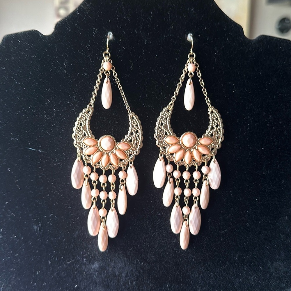 Pale Apricot and Gold Chandelier Earrings - Picture 2 of 2